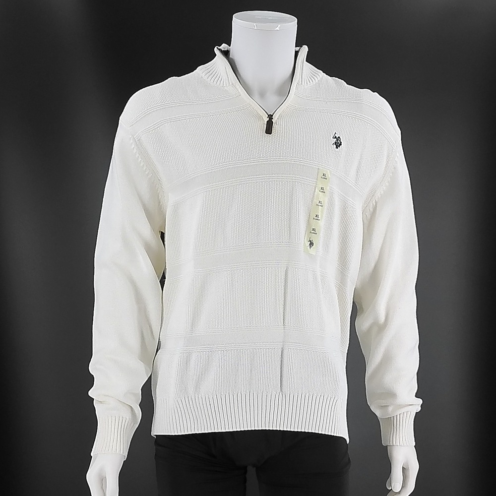 US Polo Assn Mens XL White Quarter Zip Cotton Textured Stripe Sweater JCUF3S5404